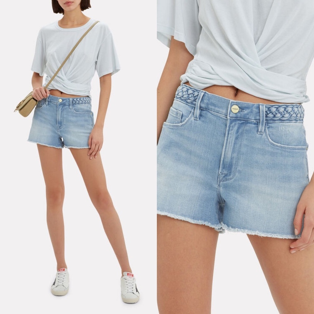 Frame Le Cut Off Denim Shorts Jeans Braided Waistband Stretch Light Wash Blue 28